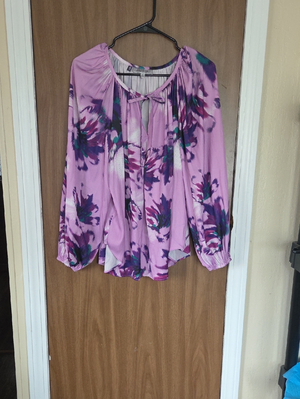 Jennifer Lopez Lavender Floral Tie-Neck Blouse